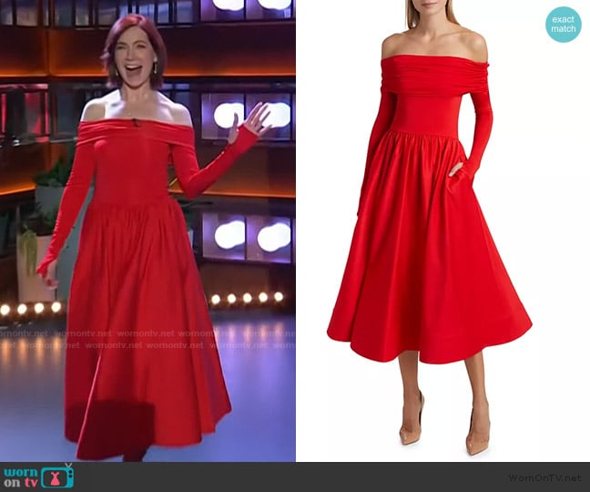 Alice and Olivia Chara Off-the-Shoulder Dress worn by Carrie Preston on The Kelly Clarkson Show