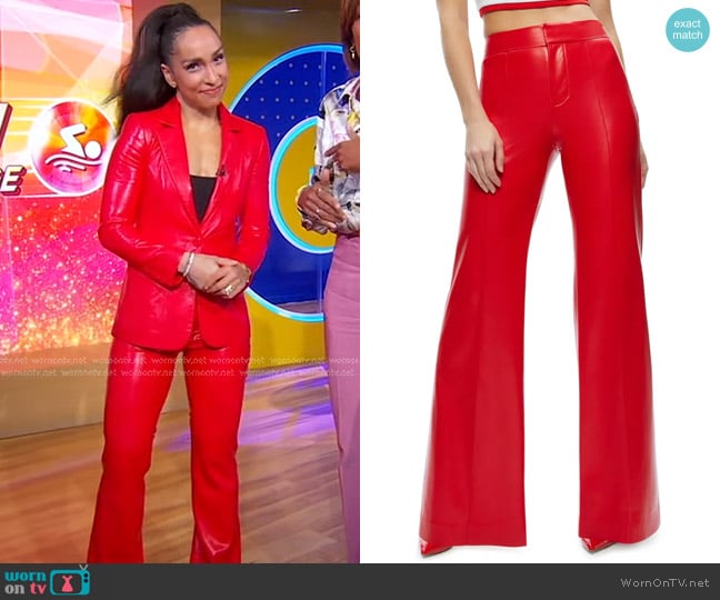 Alice + Olivia Dylan Wide Leg Faux Leather Pants in Bright Ruby worn by Robin Arzoon on Good Morning America