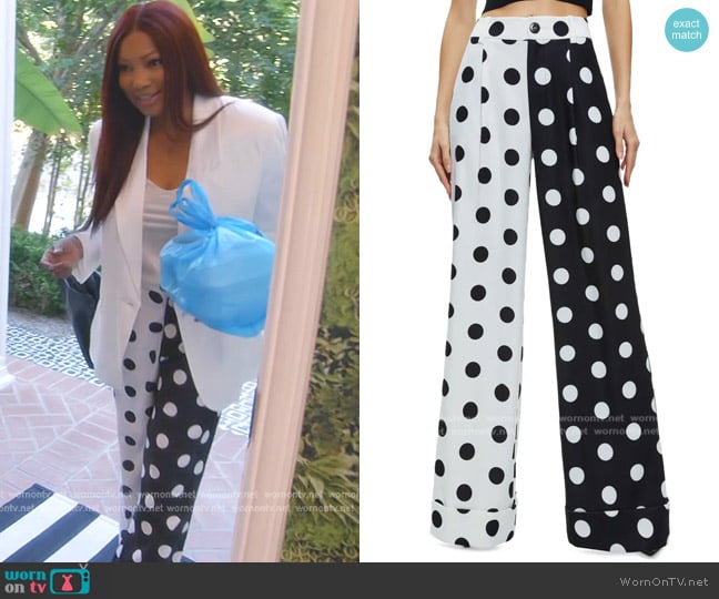 Alice + Olivia Tomasa Polka Dot Colorblock Pants in Fantasy Dot Combo worn by Garcelle Beauvais on The Real Housewives of Beverly Hills