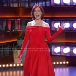 Carrie Preston’s red off shoulder long sleeve dress on The Kelly Clarkson Show