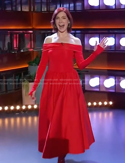 Carrie Preston’s red off shoulder long sleeve dress on The Kelly Clarkson Show