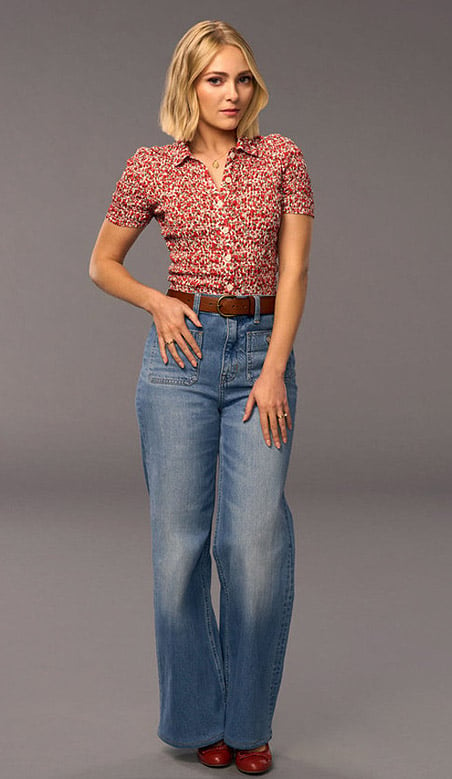 Alice's red floral button down top and wide leg jeans on Grosse Pointe Garden Society