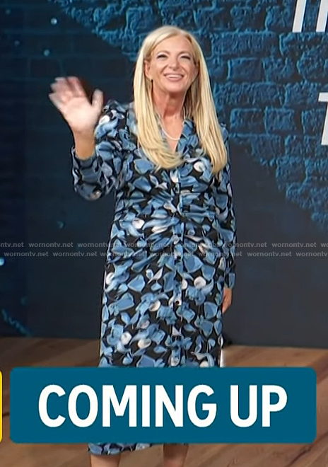 Allison’s blue floral print ruched dress on Access Hollywood