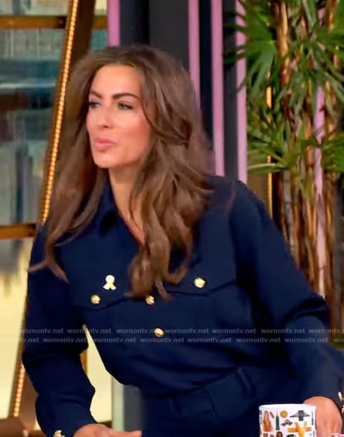 Alyssa’s navy gold button shirt and pants on The View