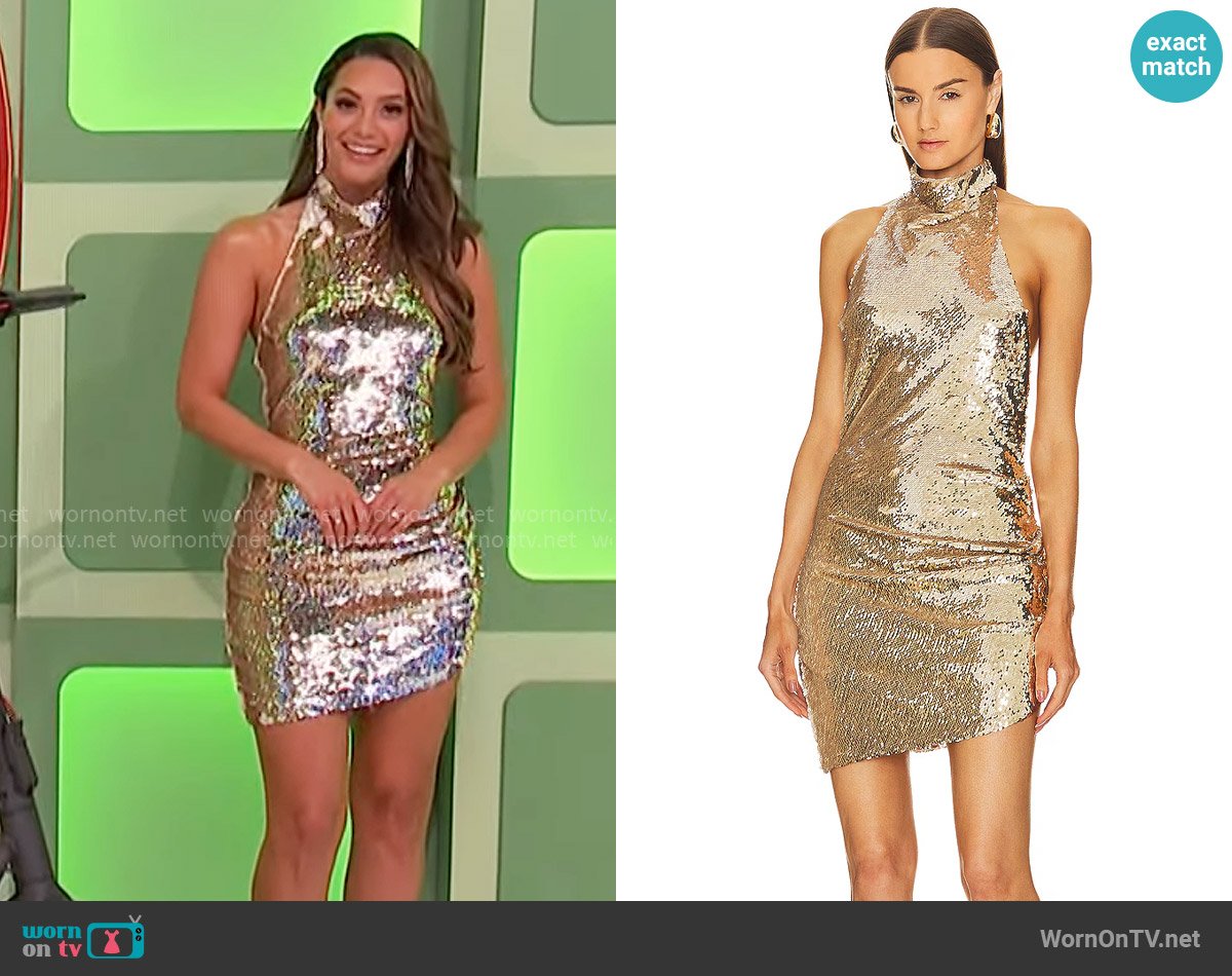 Alexis’s gold sequin halter mini dress on The Price is Right