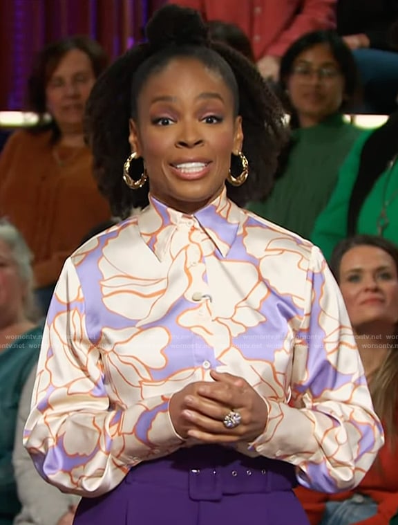 Amber Ruffin’s purple floral print blouse on The Kelly Clarkson Show