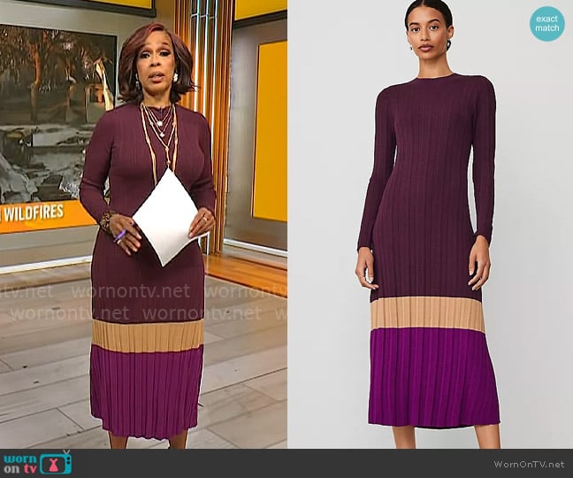 Ann Taylor Colorblock Ribbed Mock Neck Sweater Dress worn by Gayle King on CBS Mornings