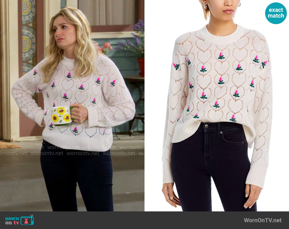 Aqua Pointelle Embroidered Crewneck Sweater worn by Gemma (Beth Behrs) on The Neighborhood