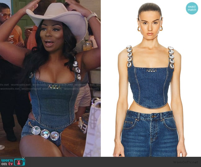 AREA Jumbo Crystal Denim Corset Top worn by Keiarna Stewart on The Real Housewives of Potomac