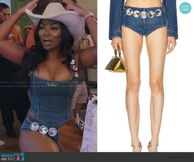 AREA Jumbo Crystal Denim Hot Short worn by Keiarna Stewart on The Real Housewives of Potomac