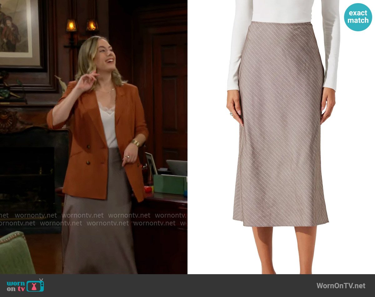 ASTR The Label Taupe Stripe Skirt worn by Hope Logan (Annika Noelle) on The Bold and the Beautiful