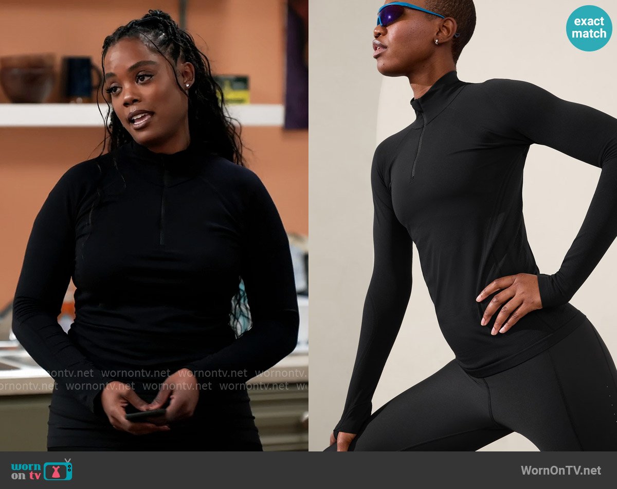 Athleta Momentum Seamless Half Zip in Black worn by Sabrina Hollins (Novi Brown) on Tyler Perrys Sistas