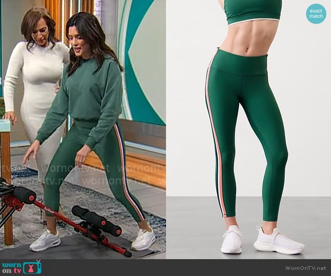 Athleta Interval High Rise Side Stripe Legging in Trillium worn by Adriane Kiss on CBS Mornings