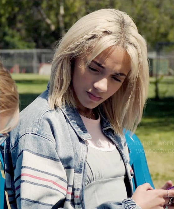 Ava’s striped denim jacket on High Potential