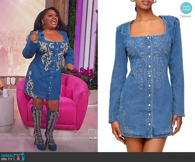 Avec Les Filles Western Embroidered Long Sleeve Denim Minidress worn by Sherri Shepherd on Sherri