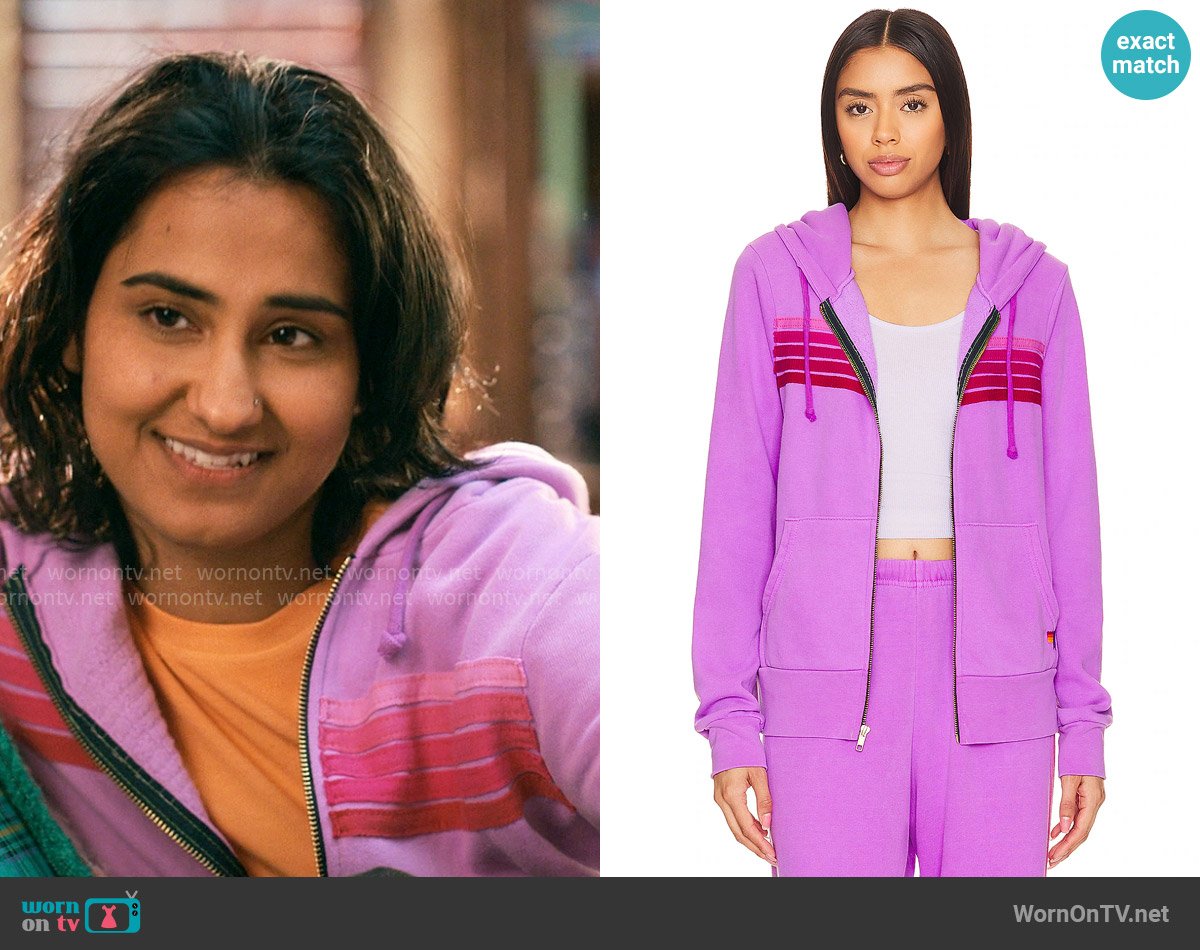 Aviator Nation 5 Stripe Zip Hoodie worn by Bela Malhotra (Amrit Kaur) on The Sex Lives of College Girls