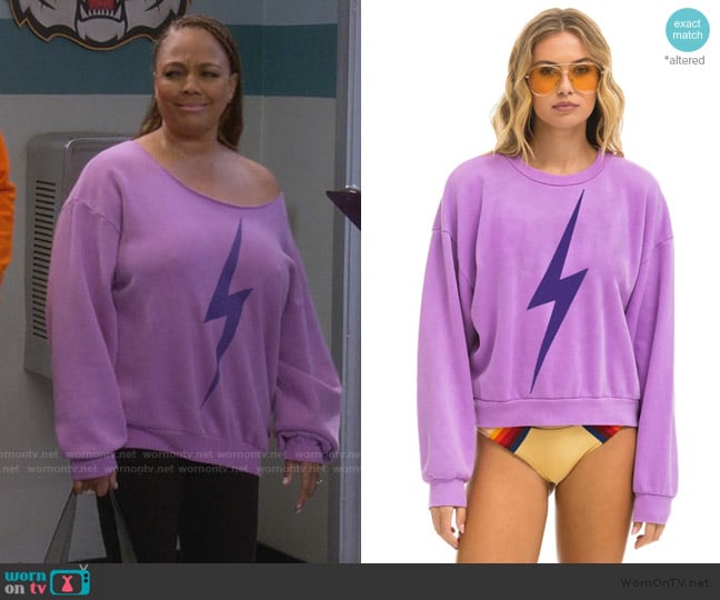 Aviator Nation Bolt Relaxed Crew Sweatshirt in Neon Purple Purple worn by Regina Upshaw (Kim Fields) on The Upshaws