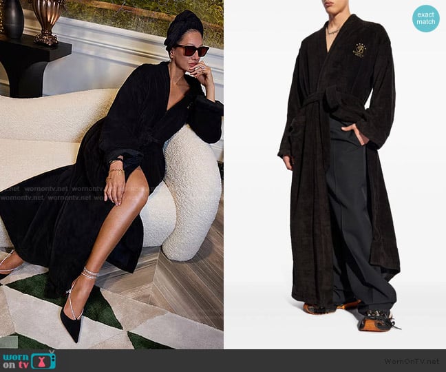 Balenciaga Embroidered-logo wrap coat worn by Jenna Lyons on The Real Housewives of New York City