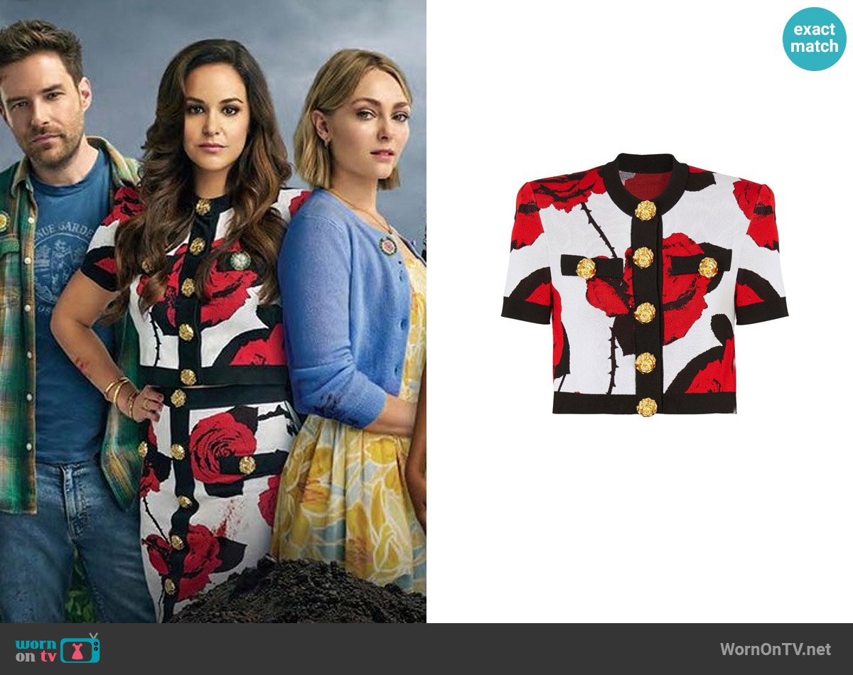 Balmain Floral-jacquard Cropped Cardigan worn by Birdie (Melissa Fumero) on Grosse Pointe Garden Society