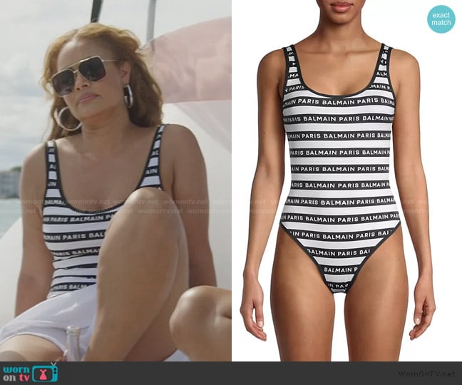 Gizzele’s Balmain logo swimsuit on RHOP