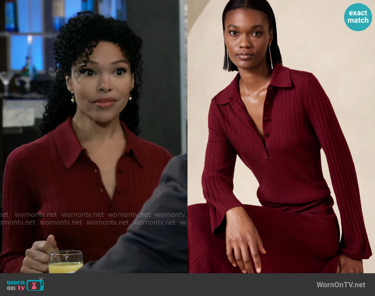 Banana Republic Nezha Merino Sweater Polo in Malbec Red worn by Portia Robinson (Brook Kerr) on General Hospital