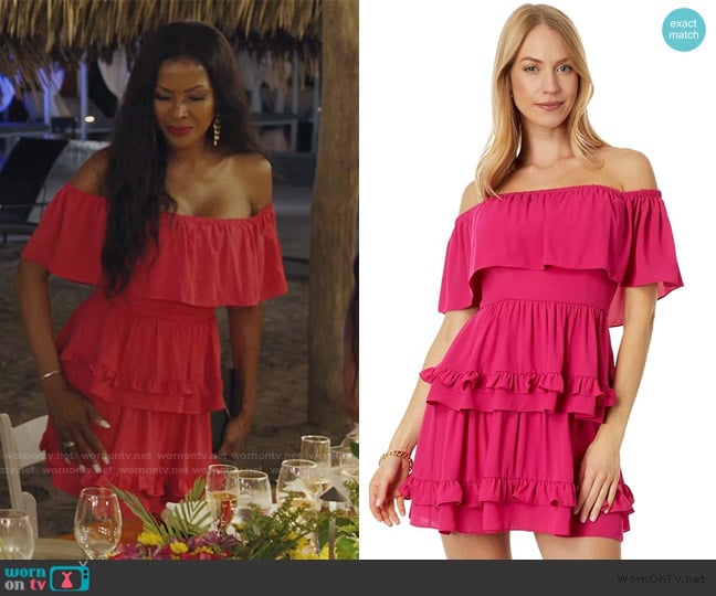 BCBGMAXAZRIA Off-the-Shoulder Cocktail Dress worn by Stacey Rusch on The Real Housewives of Potomac