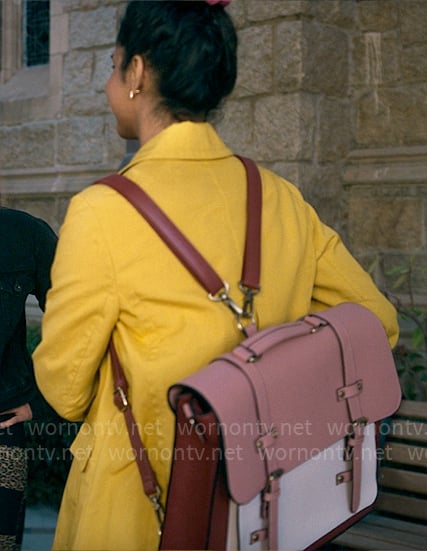 Bela’s pink colorblock backpack on The Sex Lives of College Girls