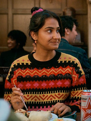 Bela's fair isle printed sweater on The Sex Lives of College Girls