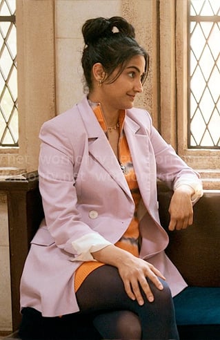 Bela’s orange tie dye dress and purple blazer on The Sex Lives of College Girls