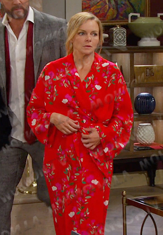 Belle's red floral robe on Days of our Lives