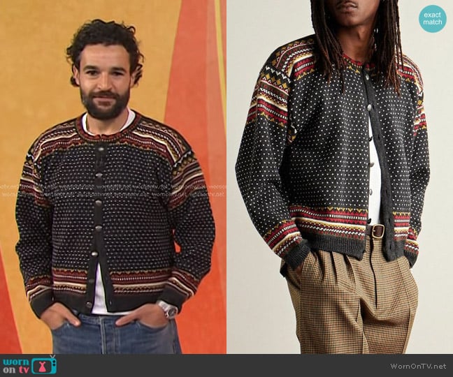 Bode Woodford Fair Isle Wool Cardigan in Gray worn by Christopher Abbott on Today