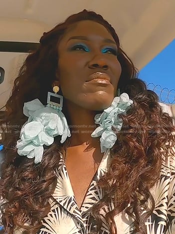 Bozoma's blue floral drop earrings on The Real Housewives of Beverly Hills