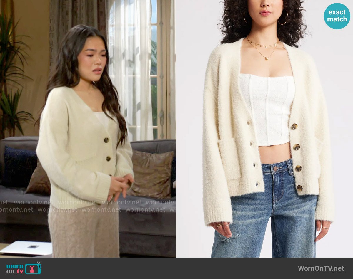 BP Fuzzy Cardigan in Ivory Dove worn by Luna (Lisa Yamada) on The Bold and the Beautiful