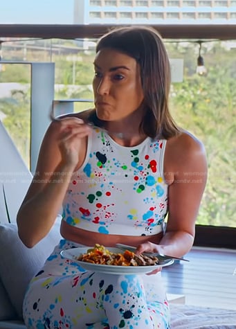 Bronwyn's paint splatter crop top and leggings on The Real Housewives of Salt Lake City