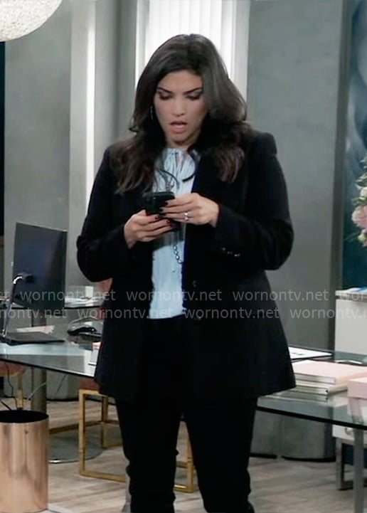 Brook Lynn's light blue blouse and black tweed blazer on General Hospital