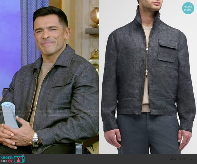 Brunello Cucinelli Linen Full-Zip Bomber Jacket worn by Mark Consuelos on Live with Kelly and Mark