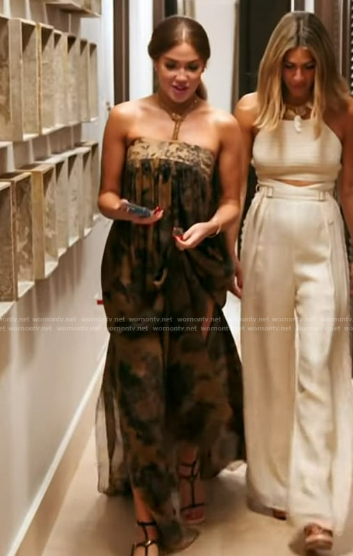 Brynn's brown floral print strapless maxi dress on The Real Housewives of New York City