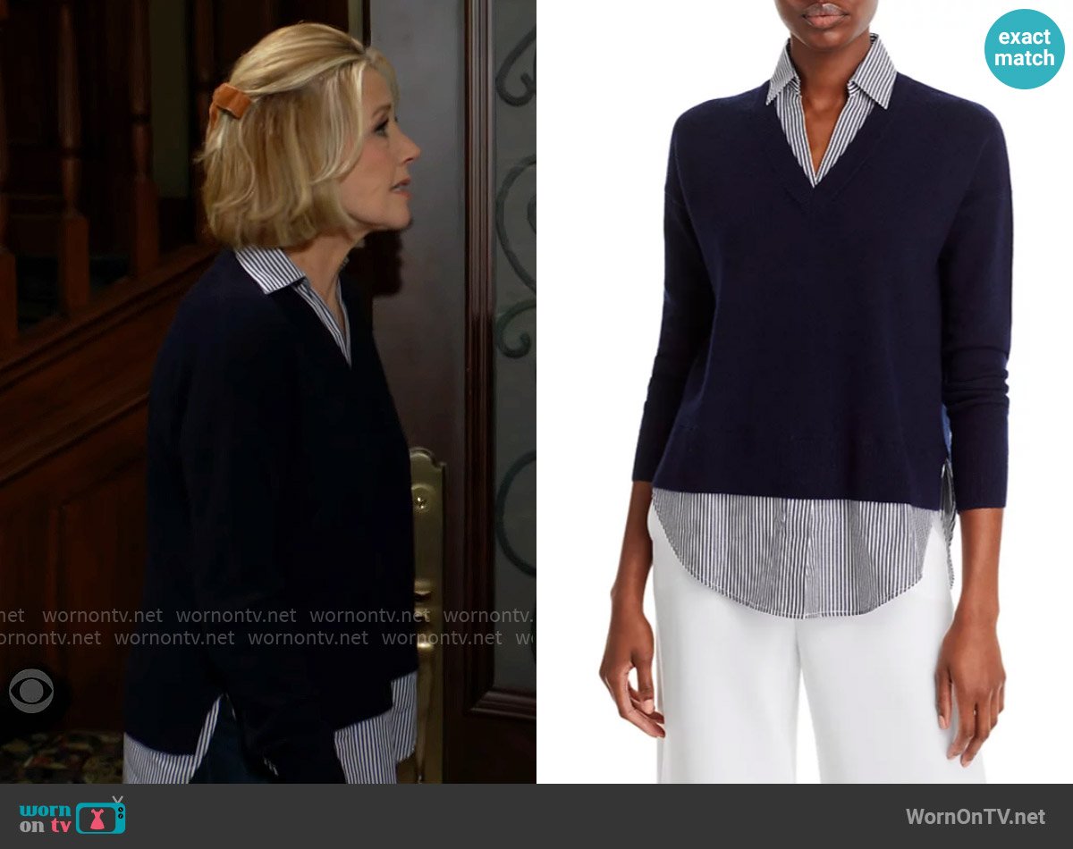 C by Bloomingdales Layered Look Cashmere Sweater in Navy worn by Nikki Reed Newman (Melody Thomas-Scott) on The Young and the Restless