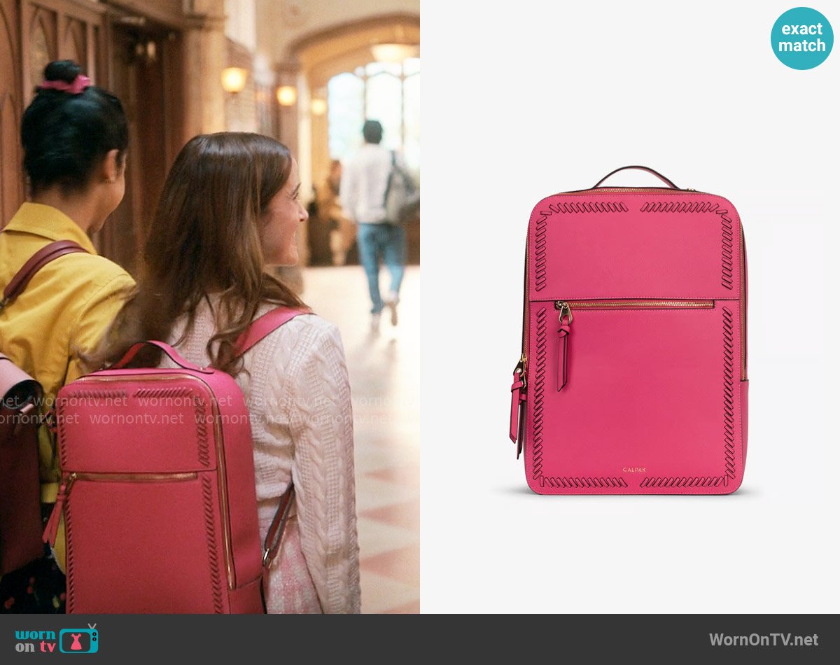 Calpak Kaya 17 inch Laptop Backpack in Dragonfruit worn by Kacey (Gracie Lawrence) on The Sex Lives of College Girls