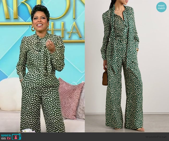 Cara Cara Chili pussy-bow polka-dot silk-voile shirt worn by Tamron Hall on Tamron Hall Show