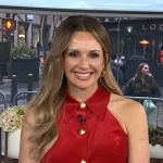 Carly Pearce’s red sleeveless velvet top and pants on Today