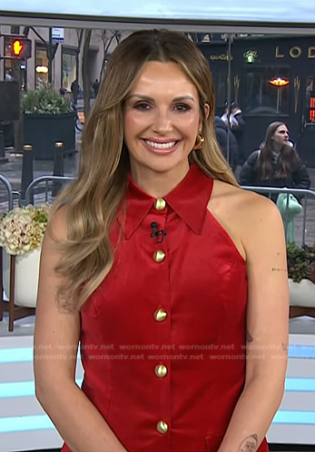 Carly Pearce’s red sleeveless velvet top and pants on Today