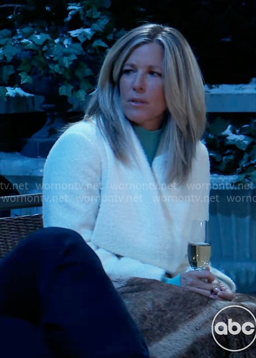 Carly’s white textured short wrap coat on General Hospital