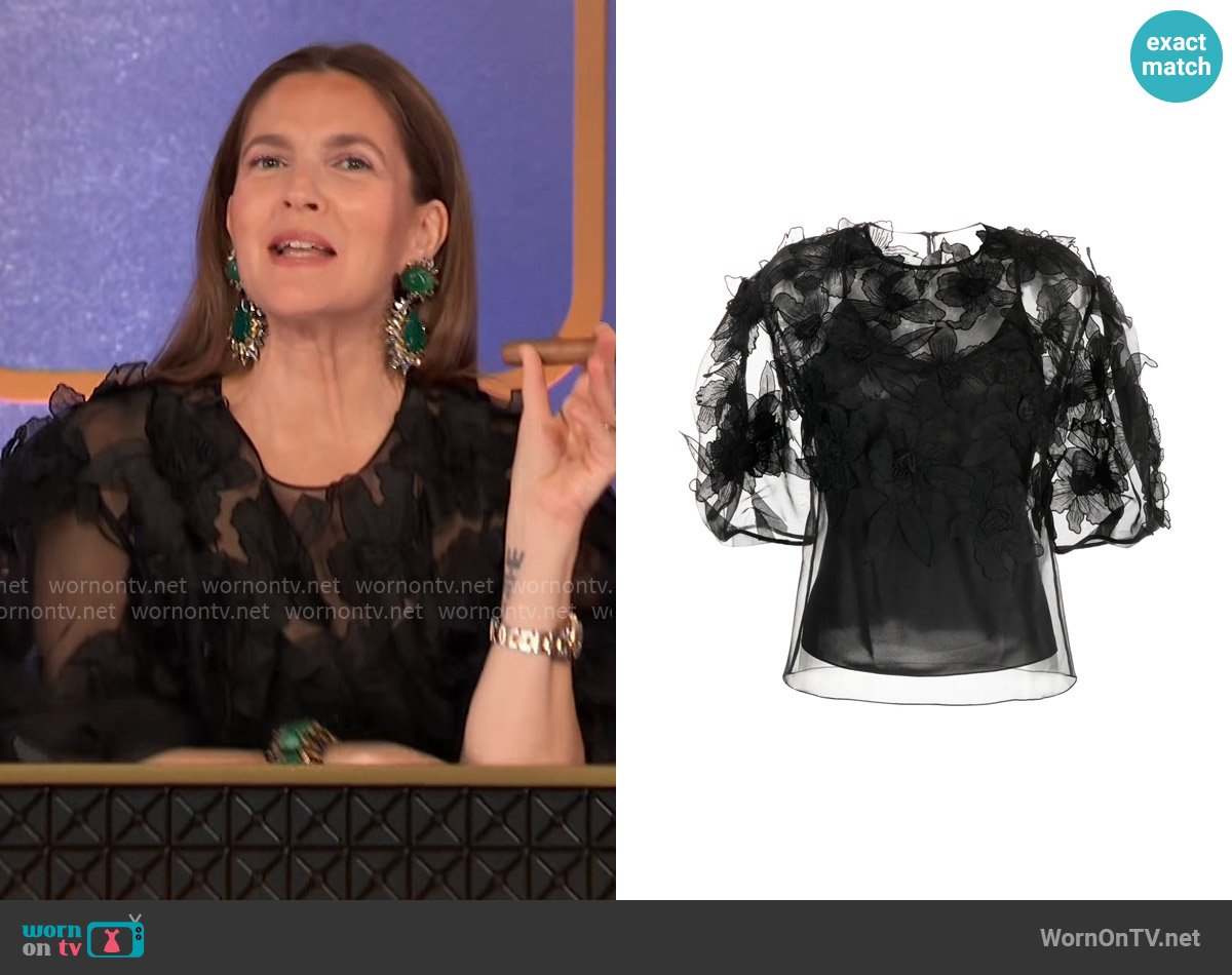 Carolina Herrera Floral-appliqué Silk Blouse worn by Drew Barrymore on Hollywood Squares