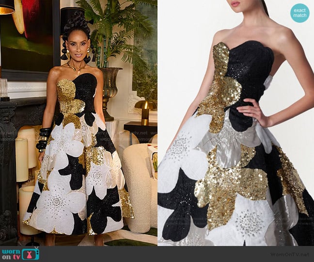 Carolina Herrera Floral Patchwork A-line Gown In Gold worn by Racquel Chevremont on The Real Housewives of New York City