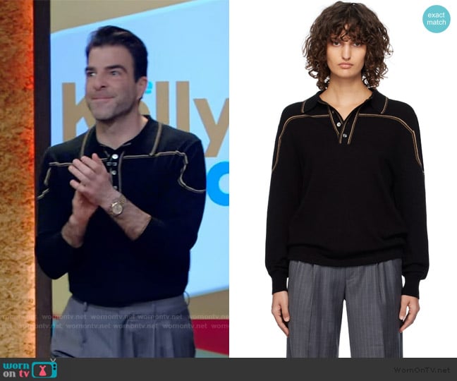 Carter Young Black Kowalski Knit Polo worn by Zachary Quinto on Live with Kelly and Mark