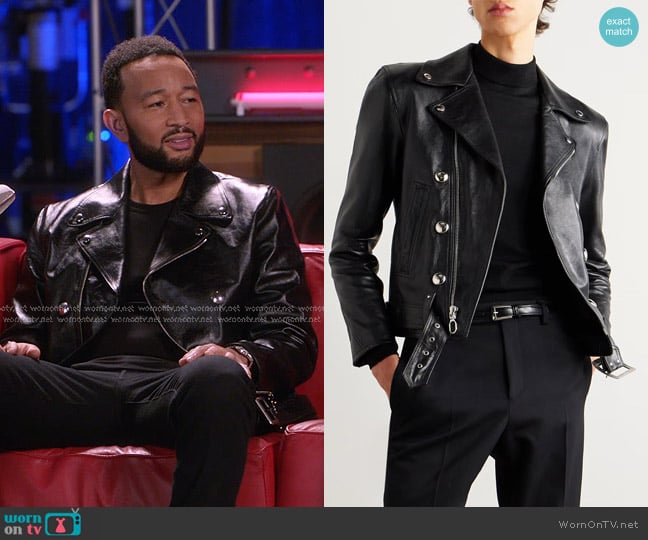 Celine Homme Studded Belted Leather Biker Jacket worn by John Legend on The Voice