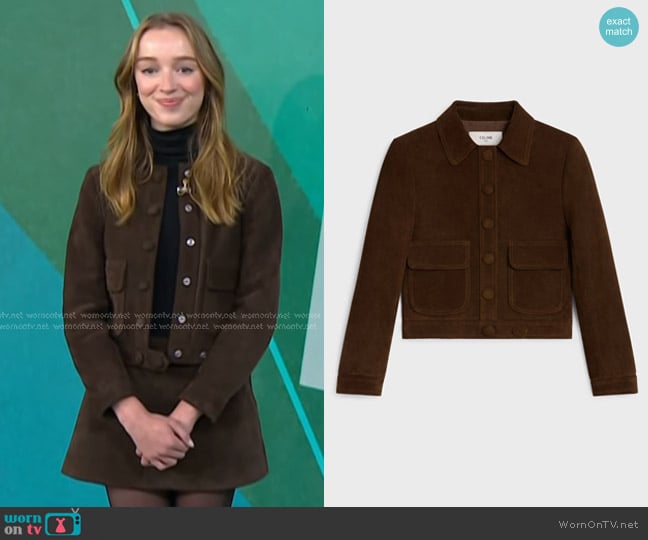 Celine Straight-cut Blouson Jacket in Suede Espresso worn by Phoebe Dynevor on Today