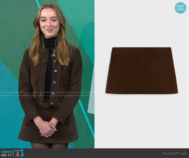 Celine Trapeze Mini Skirt in Suede Espresso worn by Phoebe Dynevor on Today