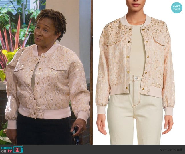 Lucretia’s metallic floral bomber jacket on The Upshaws